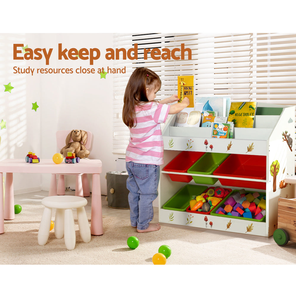 Kids Bookshelf & Toy Storage Organiser – 3 Tier Bookcase with 6 Bins