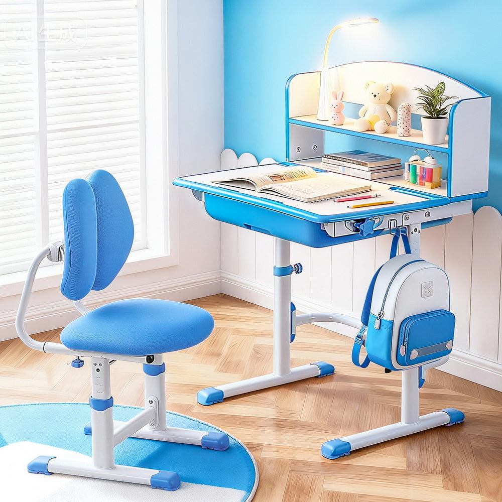 Ergonomic Kids Study Desk & Chair Set with LED Lamp – Adjustable Blue