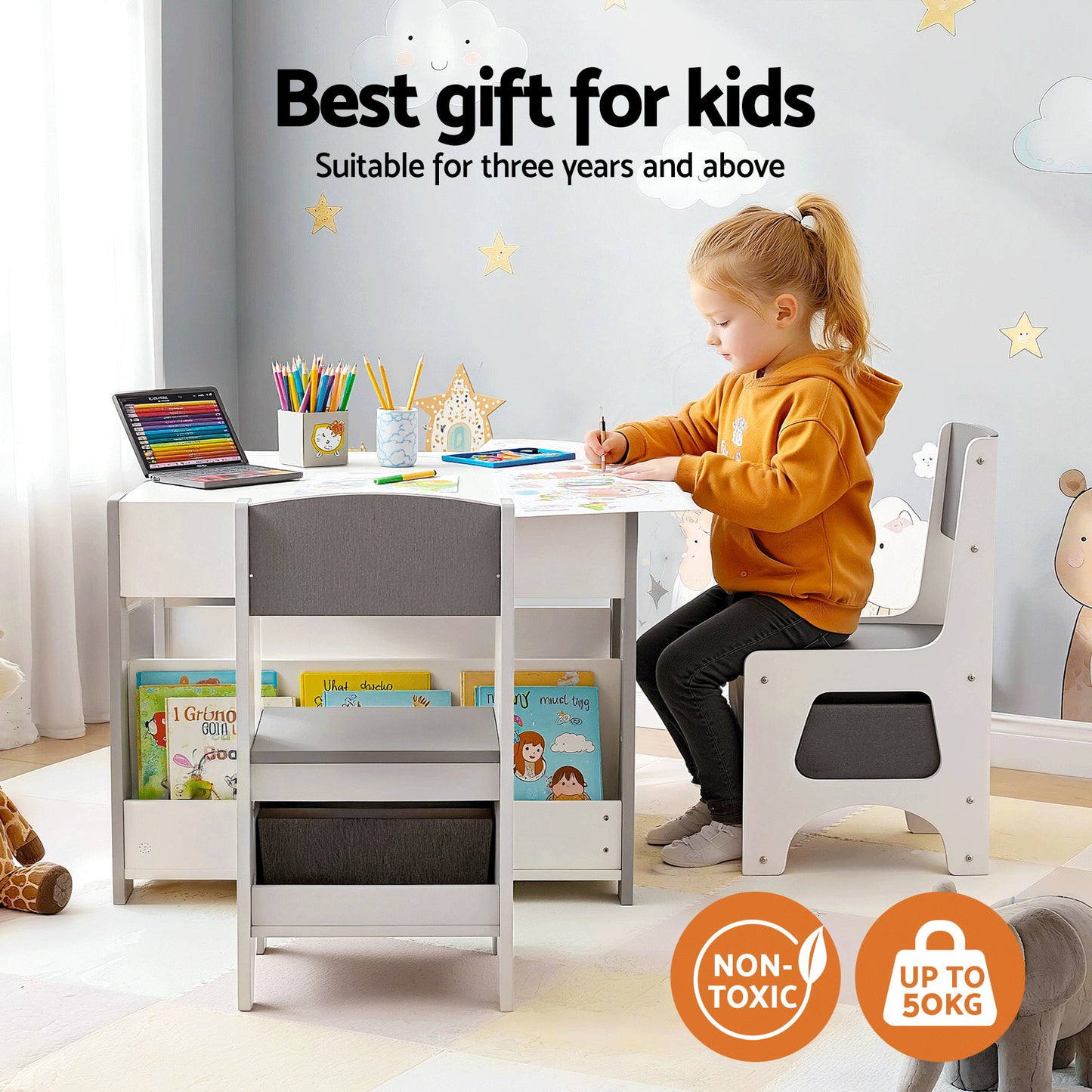 Kids Table & Chair Set with Reversible Whiteboard & Blackboard Storage Desk