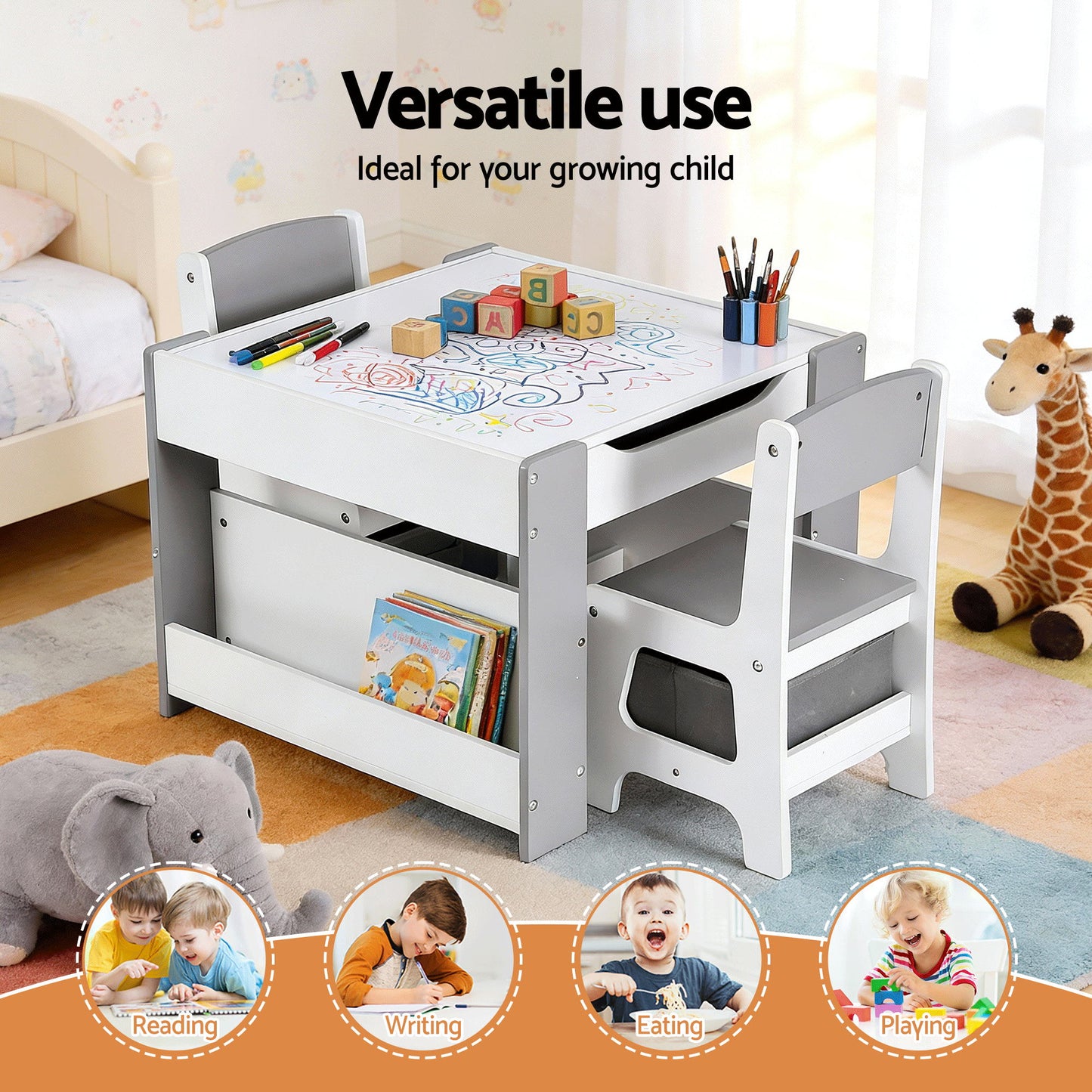Kids Table & Chair Set with Reversible Whiteboard & Blackboard Storage Desk