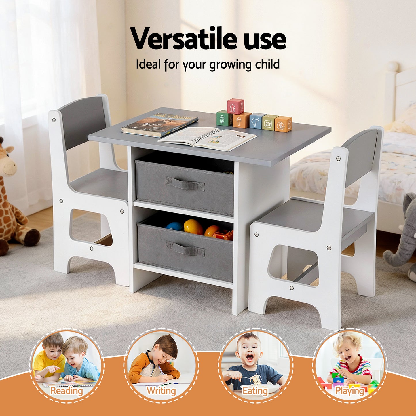 Kids Table & 2 Chairs Set with Storage Drawers – Wooden Activity Table White & Grey