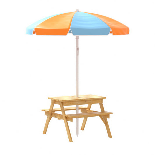 Kids Wooden Picnic Table & Bench Set with Umbrella and Storage