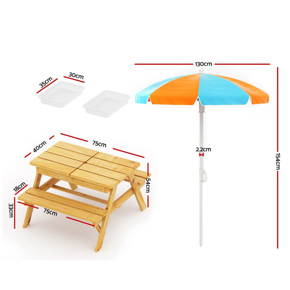 Kids Wooden Picnic Table & Bench Set with Umbrella and Storage