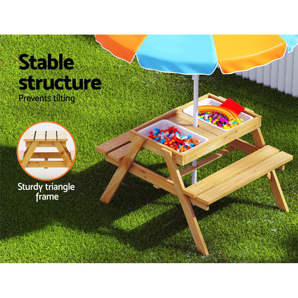 Kids Wooden Picnic Table & Bench Set with Umbrella and Storage