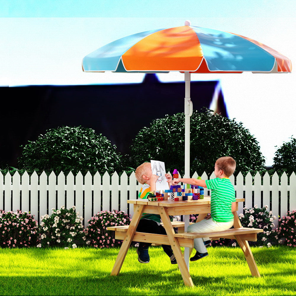 Kids Wooden Picnic Table & Bench Set with Umbrella and Storage