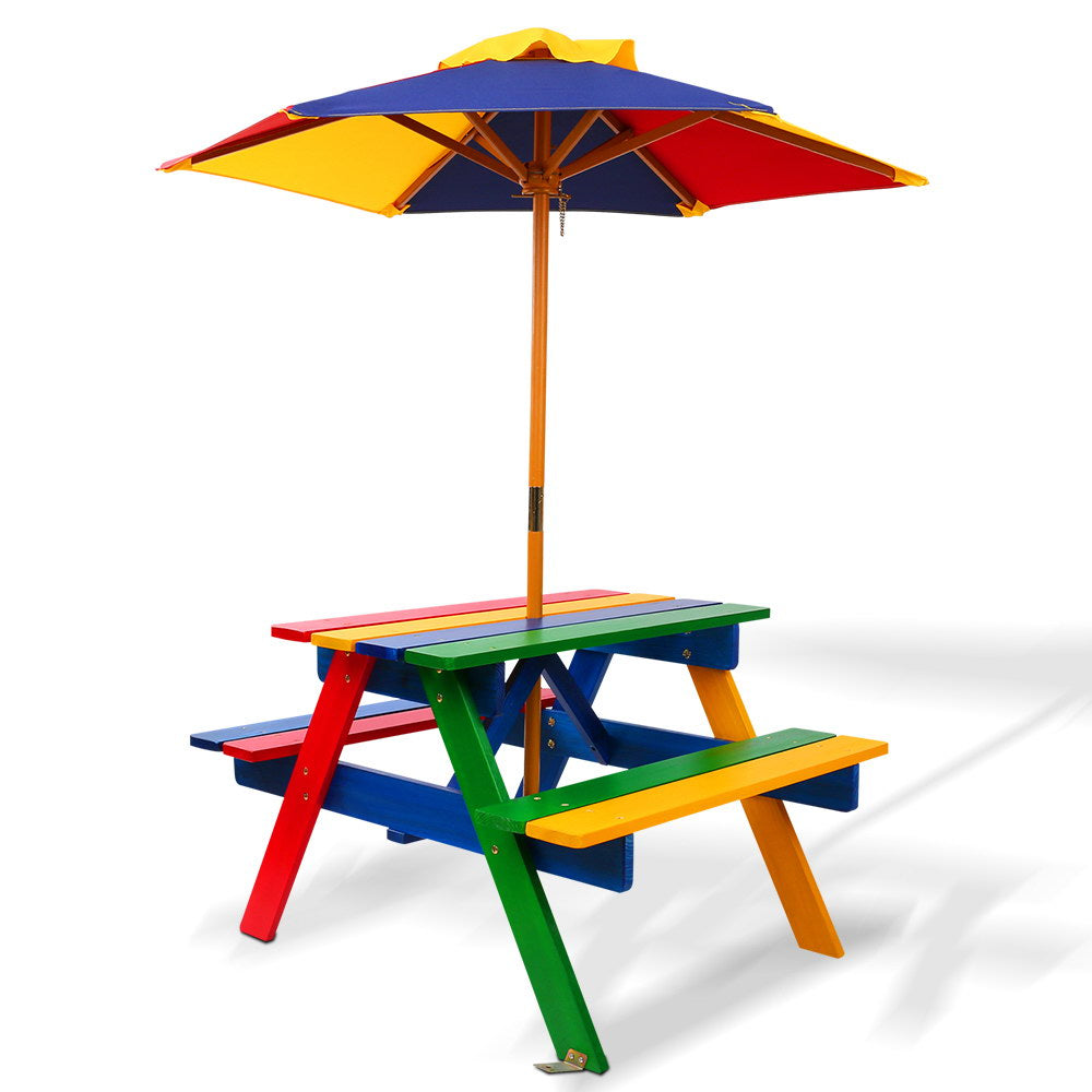 Kids Wooden Picnic Table Set with Umbrella Outdoor Rainbow Bench