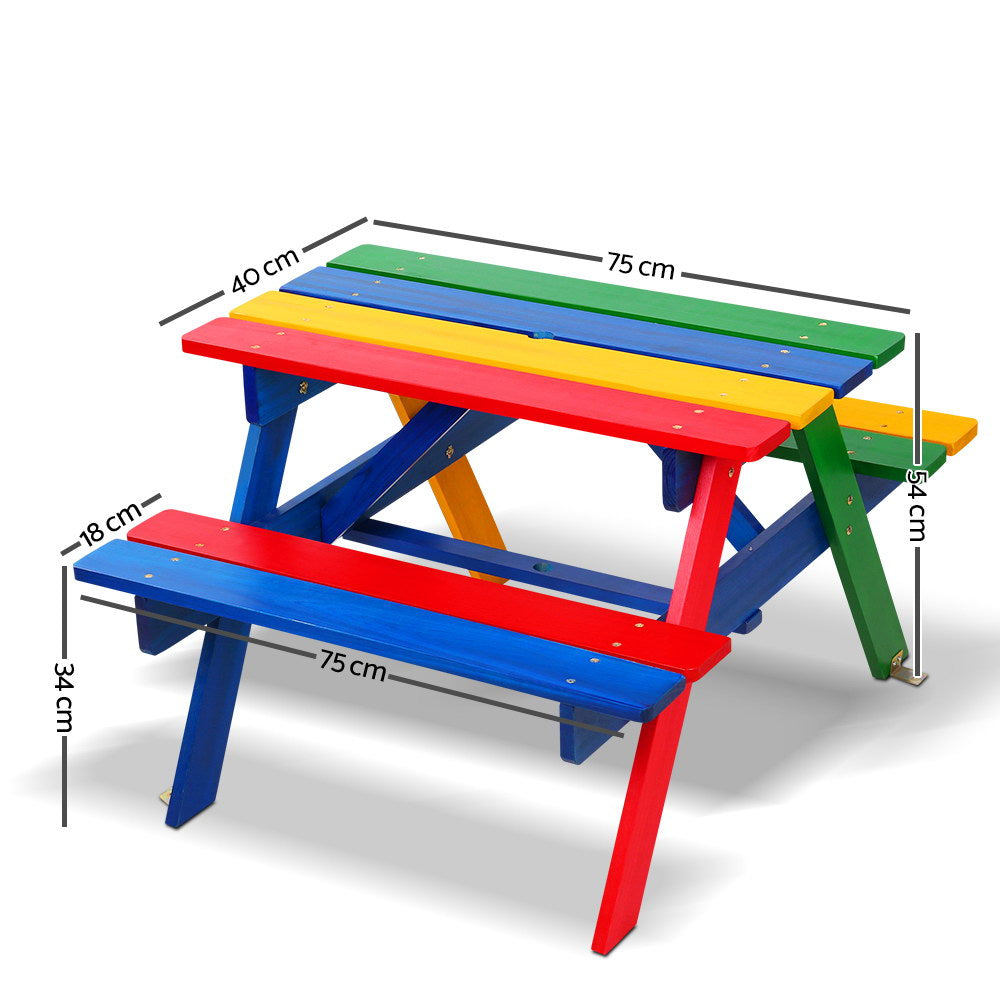 Kids Wooden Picnic Table Set with Umbrella Outdoor Rainbow Bench