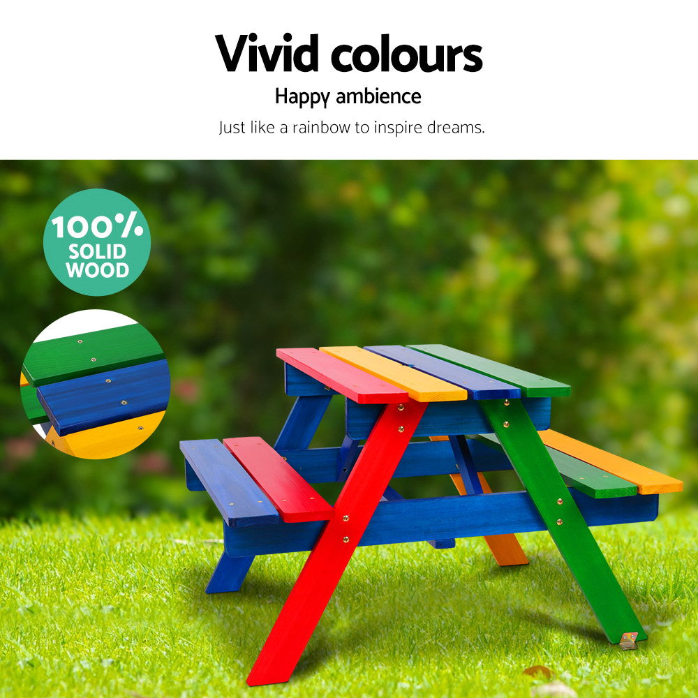Kids Wooden Picnic Table Set with Umbrella Outdoor Rainbow Bench