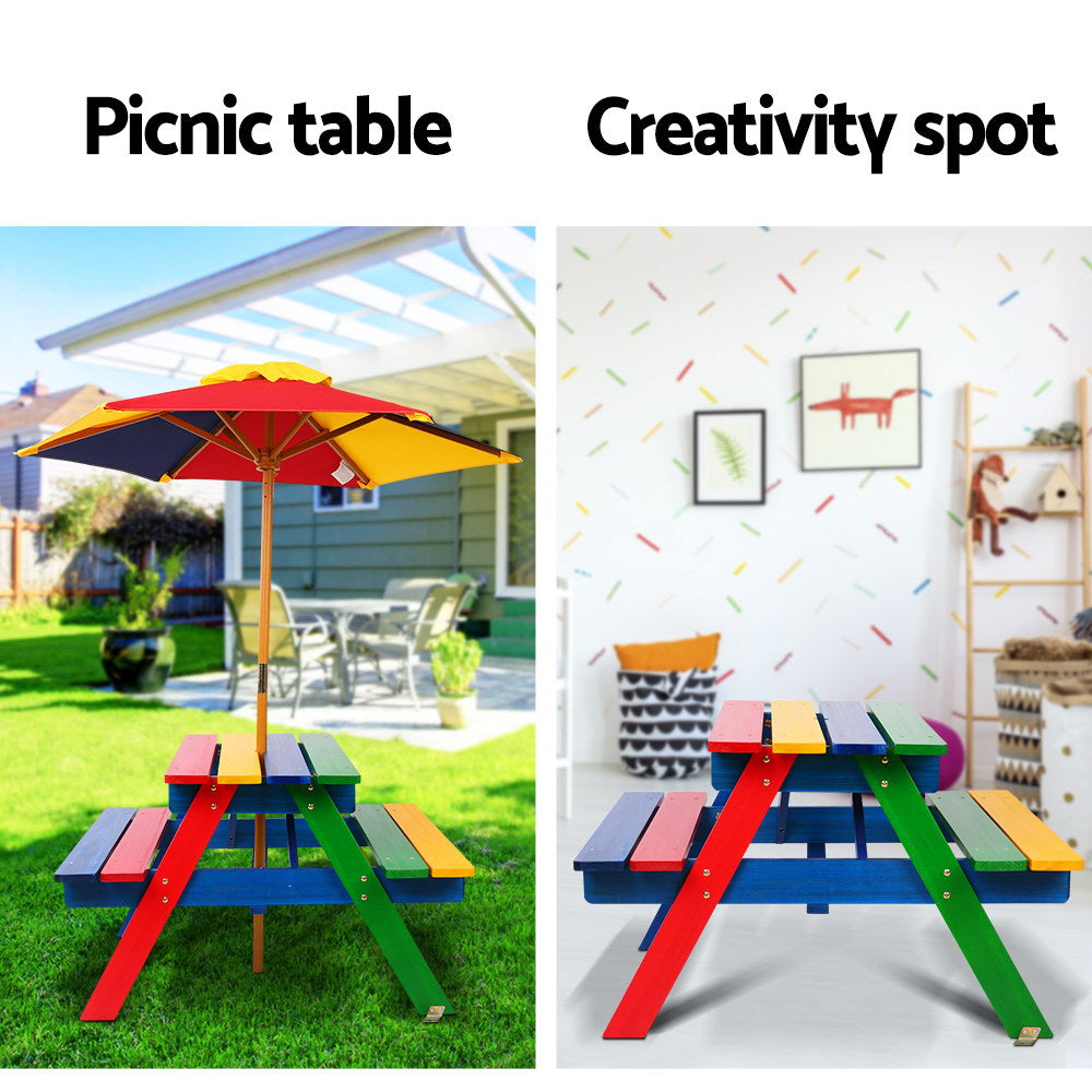 Kids Wooden Picnic Table Set with Umbrella Outdoor Rainbow Bench