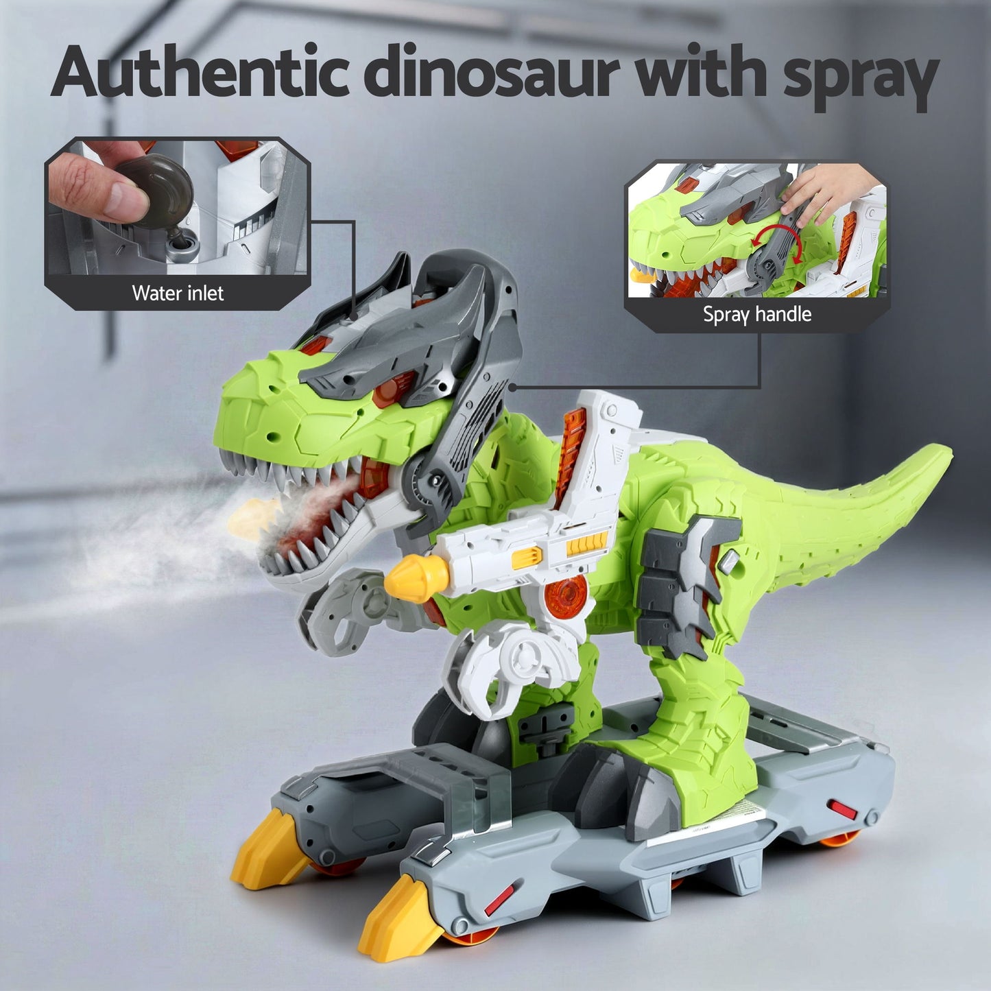 Kids Dinosaur Ride On Push Car with Mist Spray Lights & Sounds Green