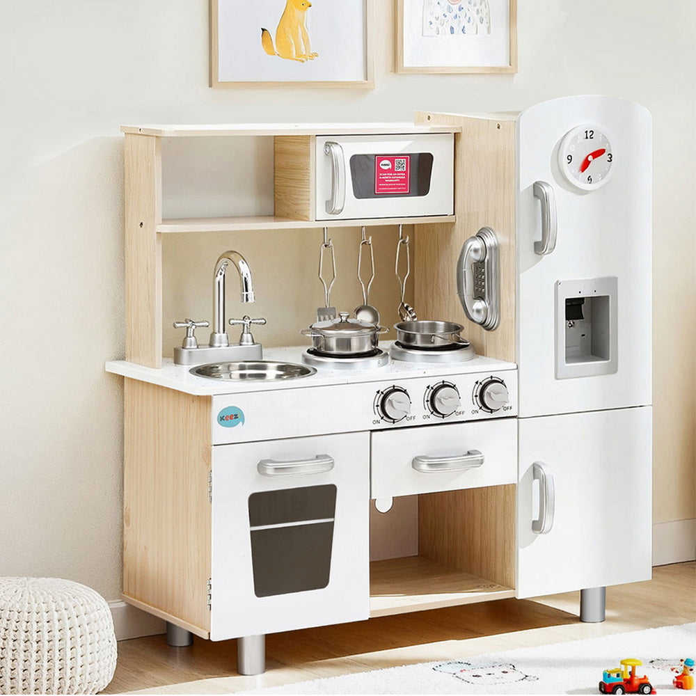 Keezi Kids Wooden Kitchen Play Set Pretend Cooking Toy with Accessories White & Gold