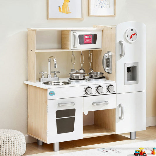 Keezi Kids Wooden Kitchen Play Set Pretend Cooking Toy with Accessories White & Gold