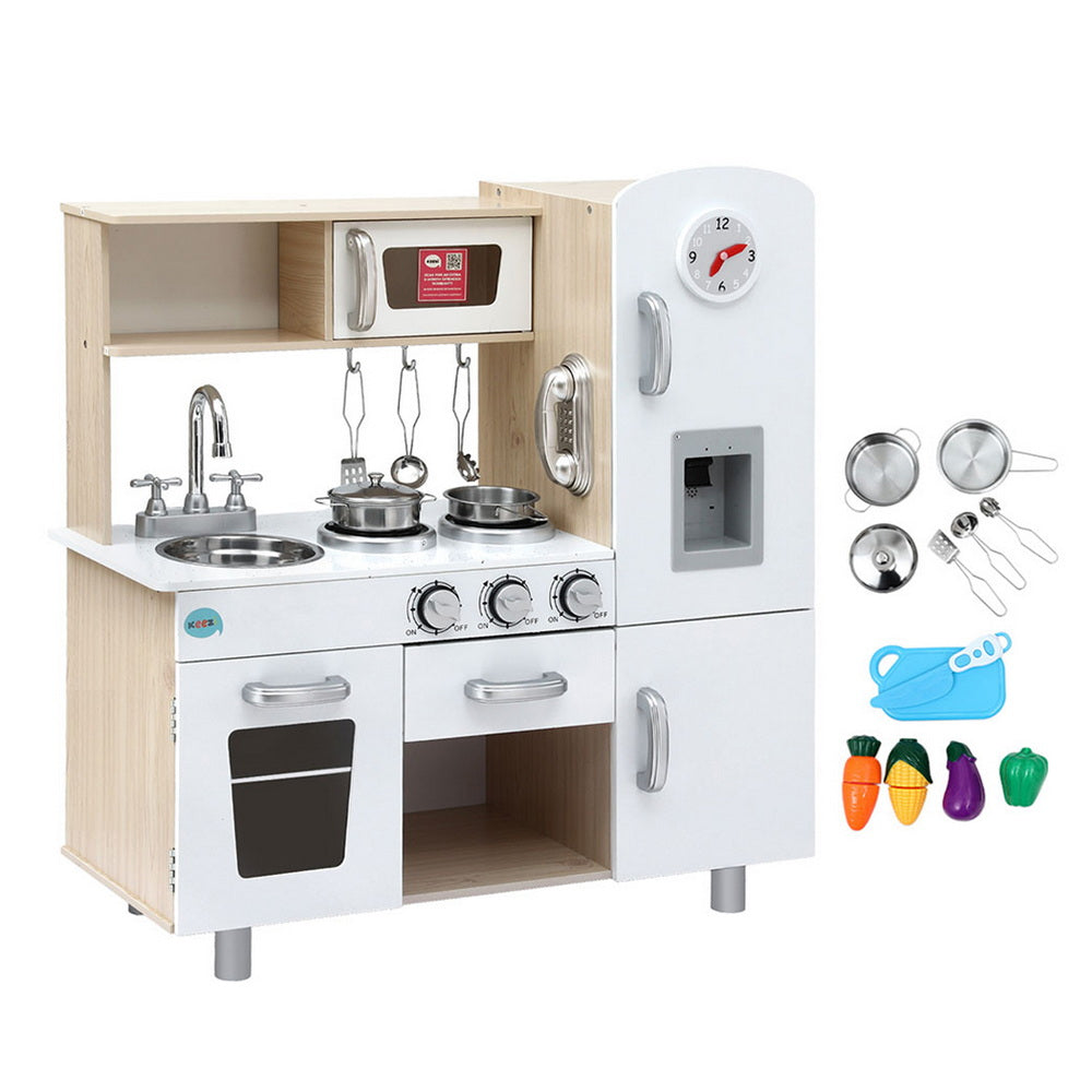 Keezi Kids Wooden Kitchen Play Set Pretend Cooking Toy with Accessories White & Gold
