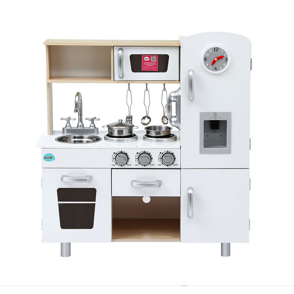Keezi Kids Wooden Kitchen Play Set Pretend Cooking Toy with Accessories White & Gold