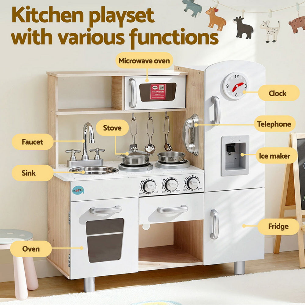 Keezi Kids Wooden Kitchen Play Set Pretend Cooking Toy with Accessories White & Gold