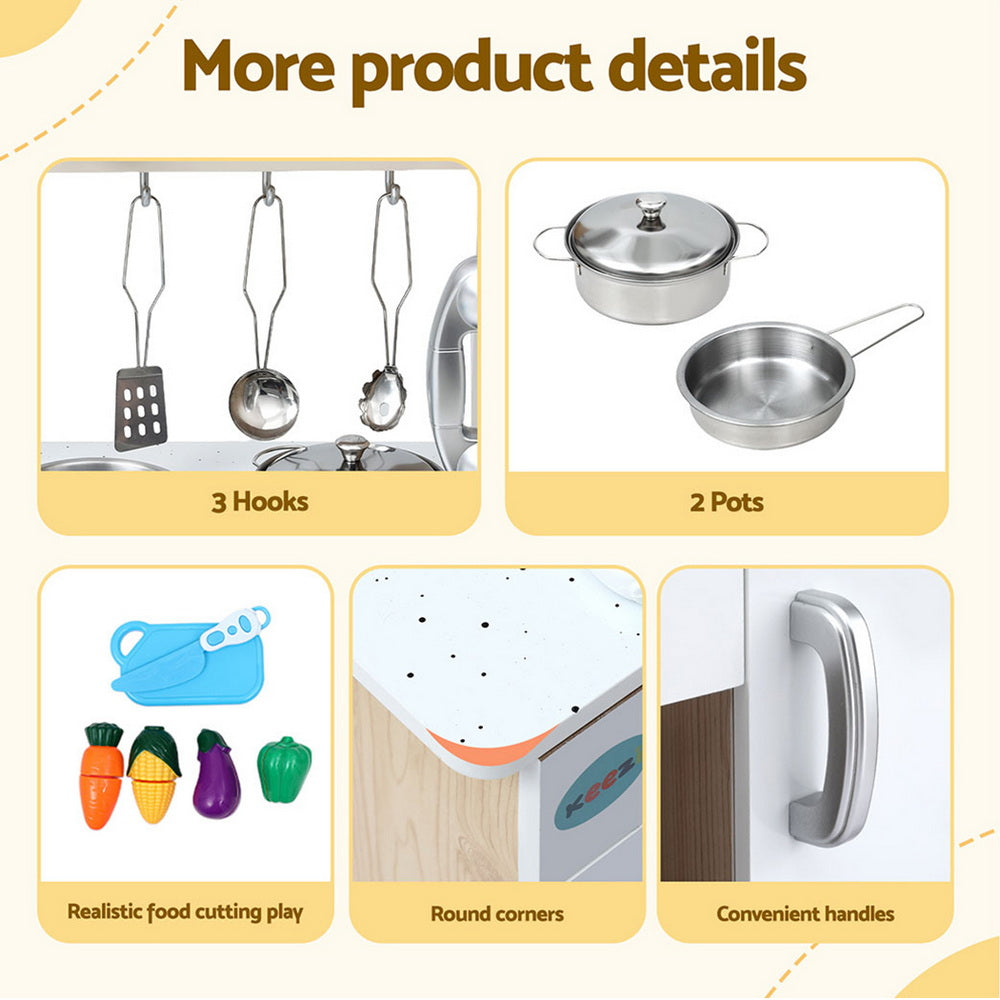 Keezi Kids Wooden Kitchen Play Set Pretend Cooking Toy with Accessories White & Gold