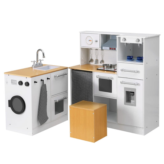 Kids Wooden Kitchen Playset 2-Piece Pretend Play Kitchen & Washing Machine Set
