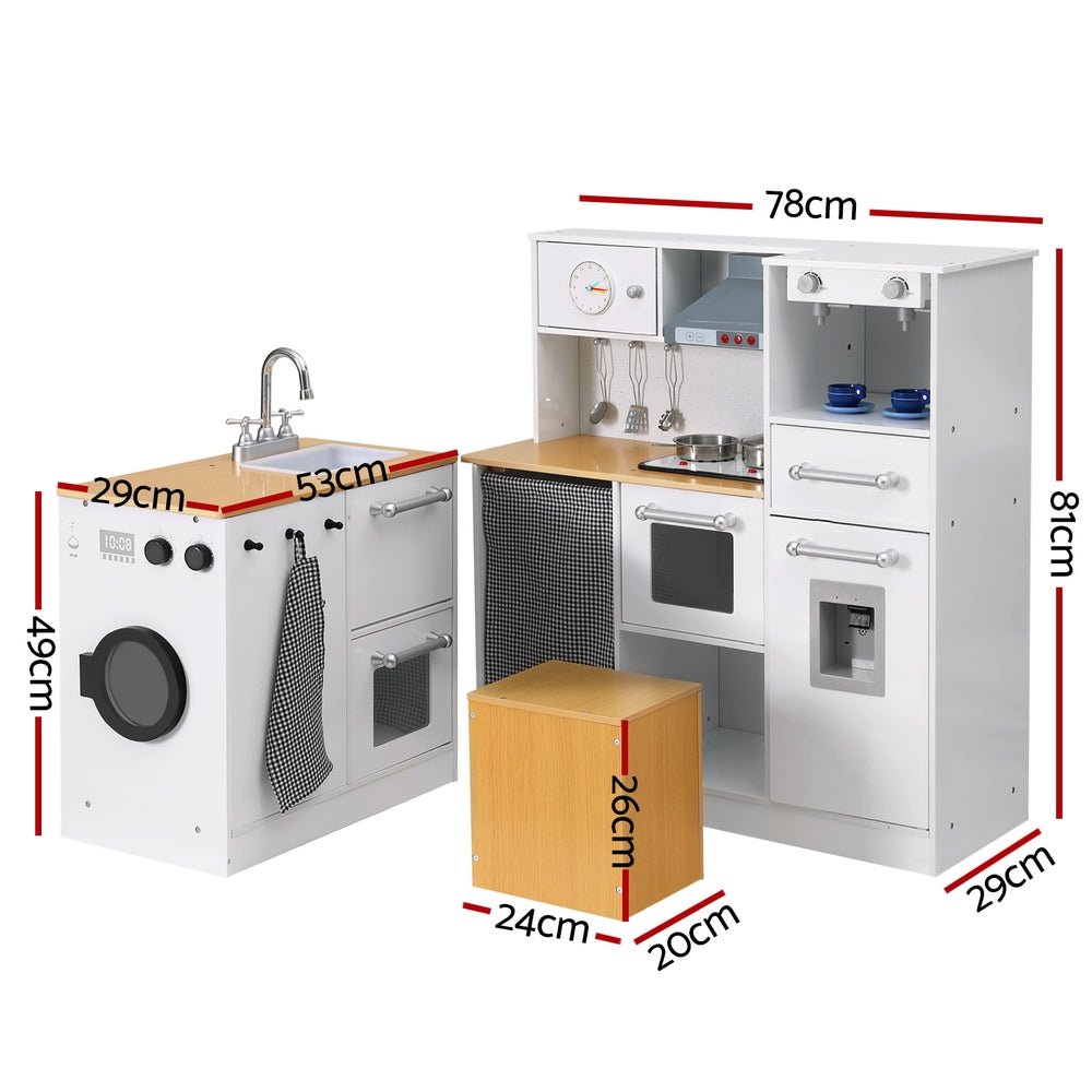 Kids Wooden Kitchen Playset 2-Piece Pretend Play Kitchen & Washing Machine Set