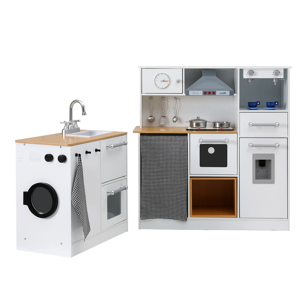 Kids Wooden Kitchen Playset 2-Piece Pretend Play Kitchen & Washing Machine Set