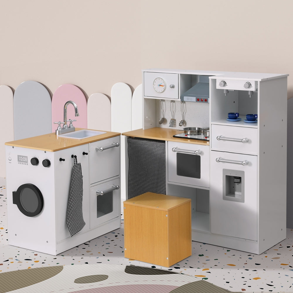 Kids Wooden Kitchen Playset 2-Piece Pretend Play Kitchen & Washing Machine Set