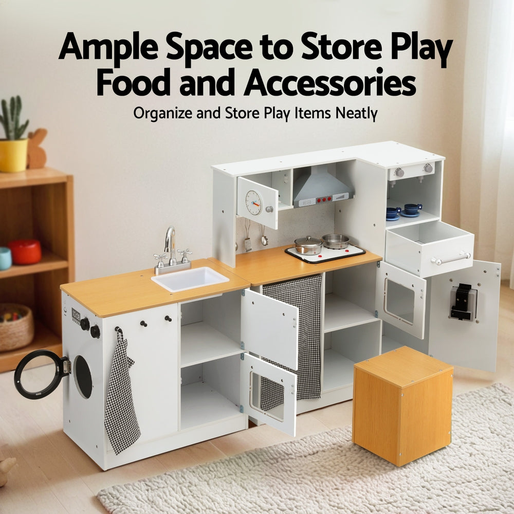 Kids Wooden Kitchen Playset 2-Piece Pretend Play Kitchen & Washing Machine Set