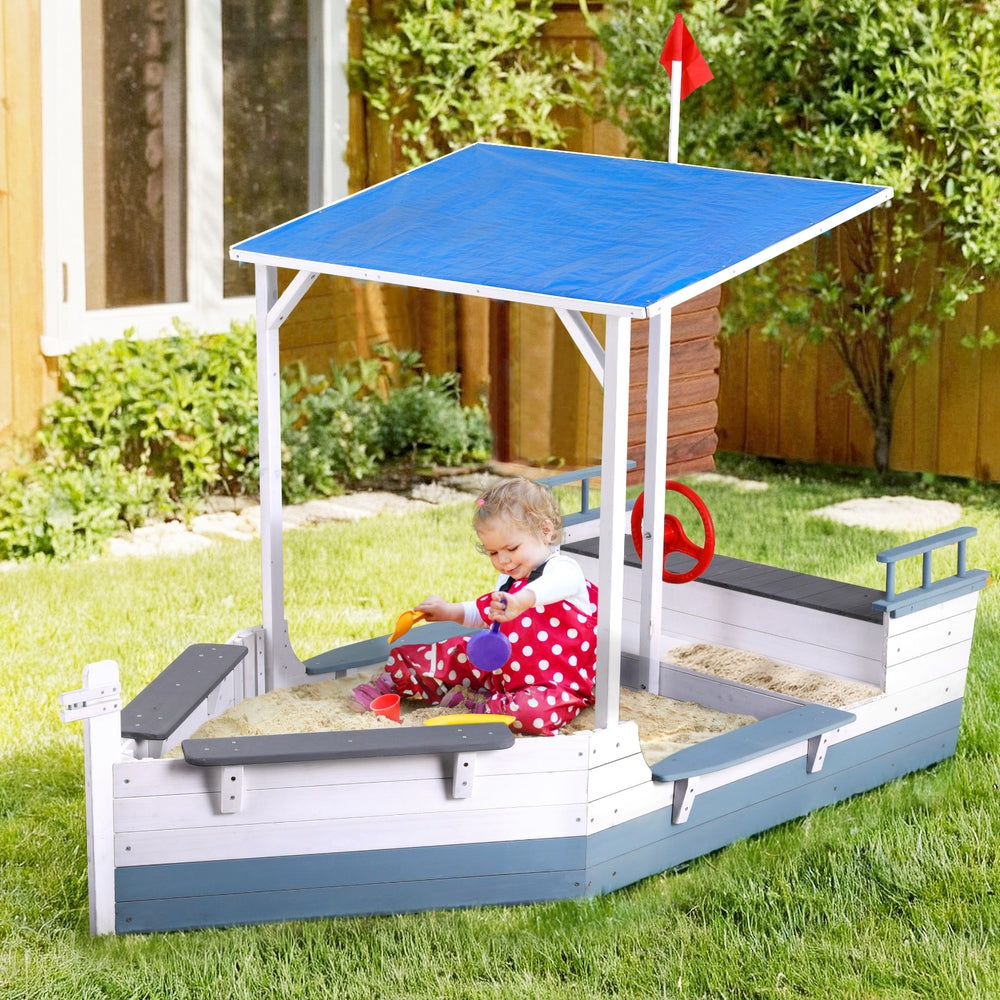 Wooden Sandpit Boat with Canopy – Outdoor Sensory & Imaginative Play