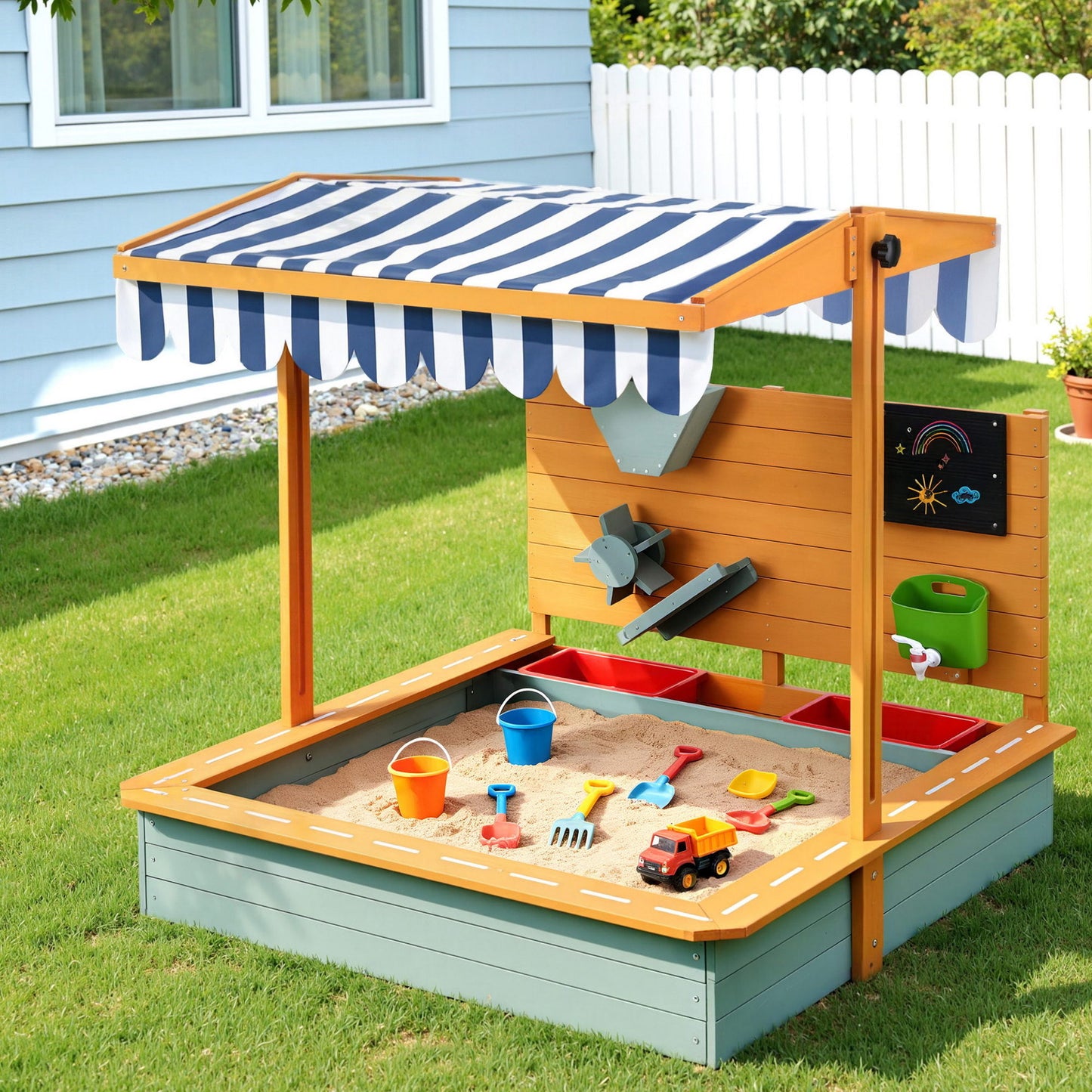 Kids Wooden Sandpit with Adjustable Canopy Outdoor Sandbox Play Set 110cm
