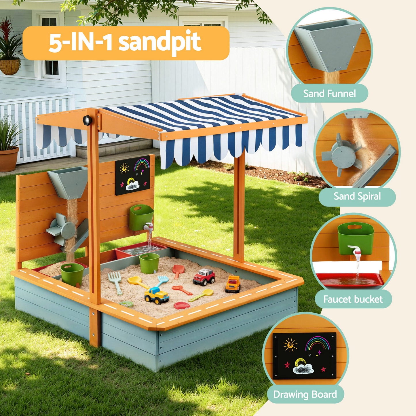 Kids Wooden Sandpit with Adjustable Canopy Outdoor Sandbox Play Set 110cm