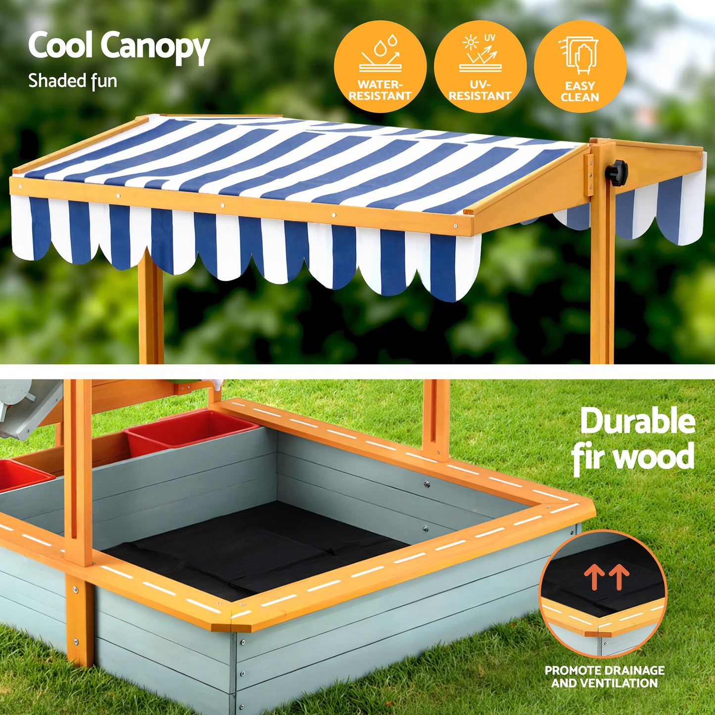 Kids Wooden Sandpit with Adjustable Canopy Outdoor Sandbox Play Set 110cm