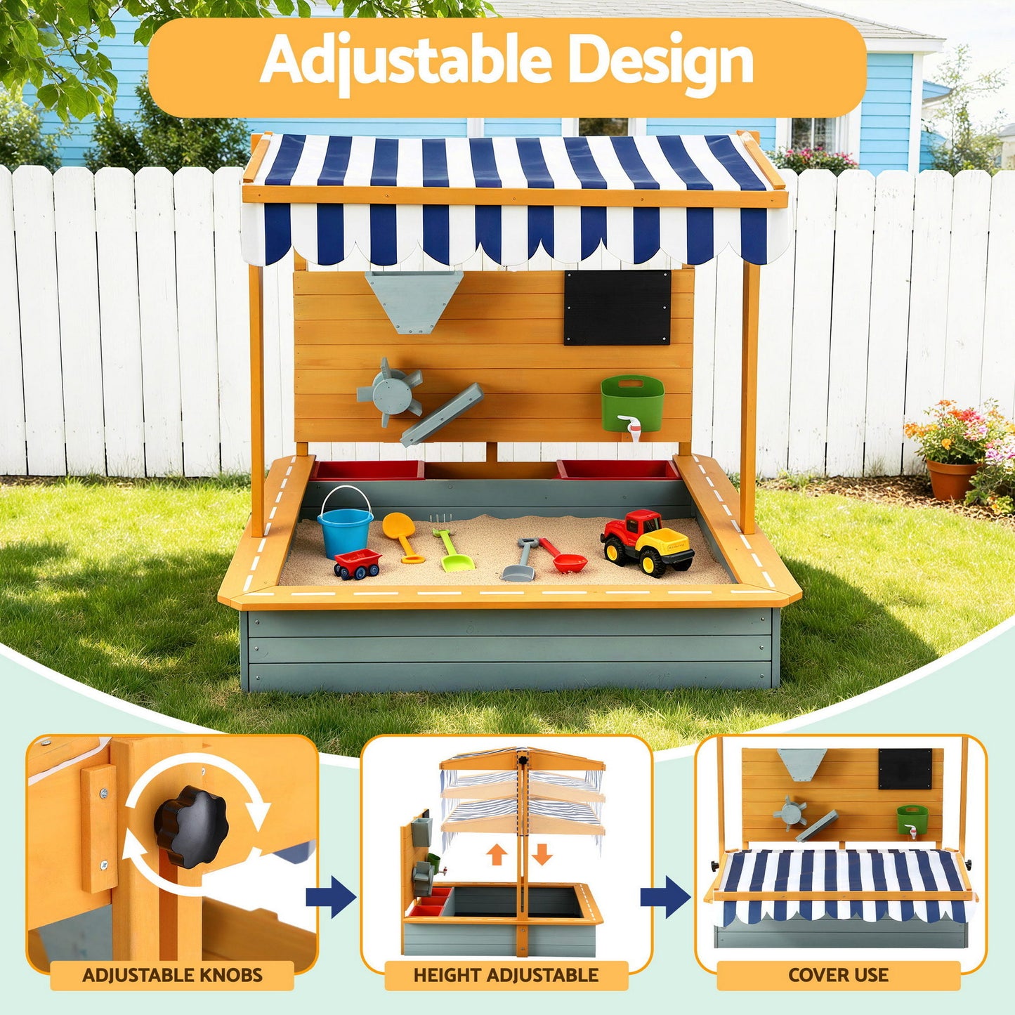 Kids Wooden Sandpit with Adjustable Canopy Outdoor Sandbox Play Set 110cm