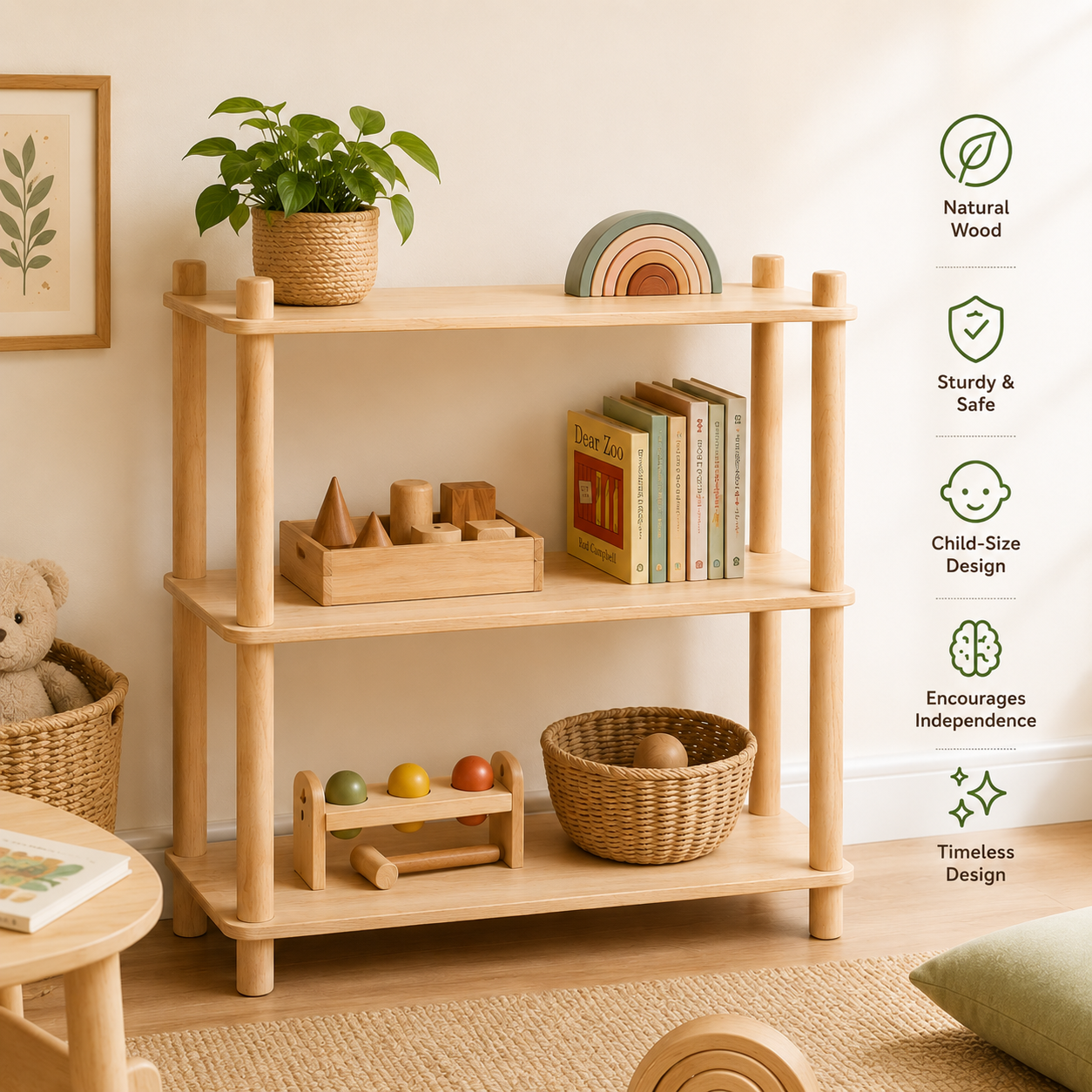 Montessori Wooden Toy Shelf for Kids – 3 Tier Playroom Storage Unit