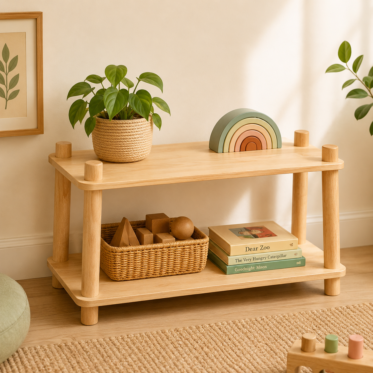 Montessori Wooden Toy Shelf for Kids – 2 Tier Open Storage Unit