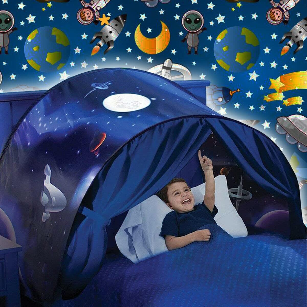 Kids Pop Up Bed Tent for Single Beds – Space Adventure Sleep Tent