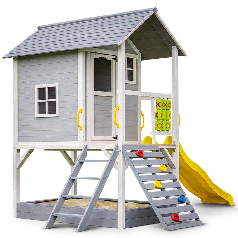 Wooden Adventure Cubby House with Slide, Climbing Wall & Sandpit