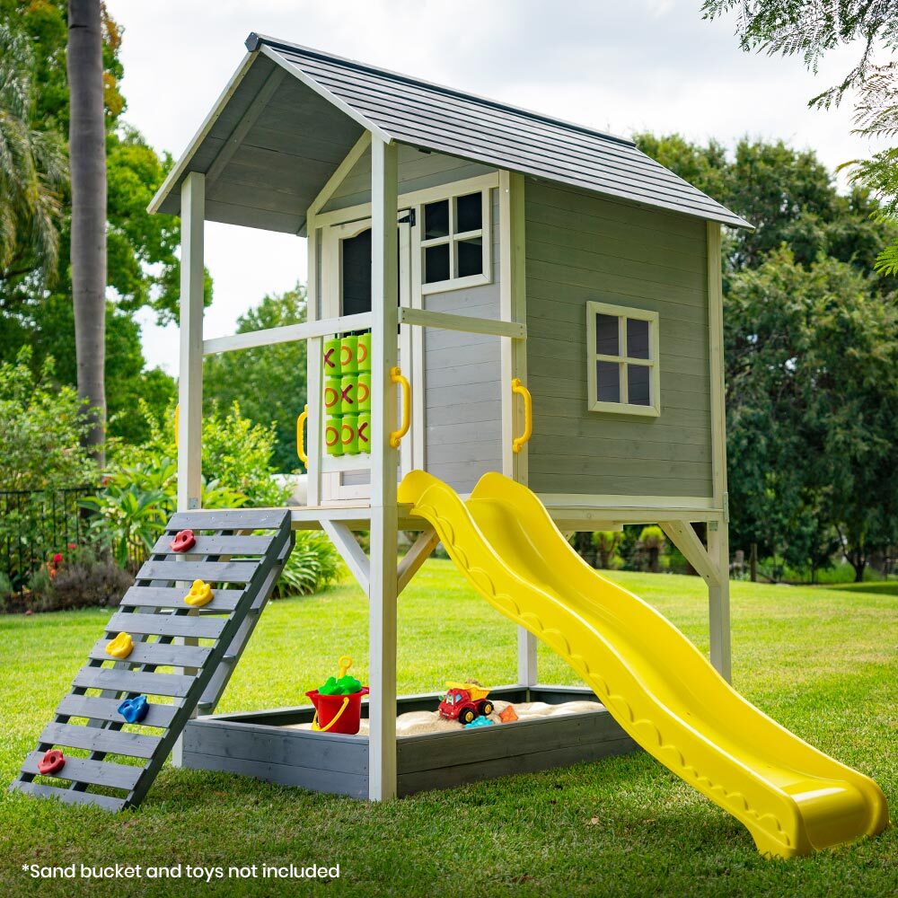 Wooden Adventure Cubby House with Slide, Climbing Wall & Sandpit