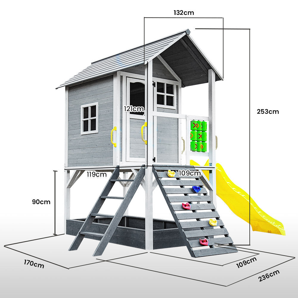 Wooden Adventure Cubby House with Slide, Climbing Wall & Sandpit
