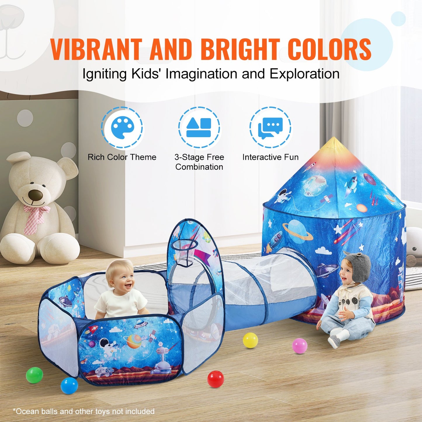 Kids 3-in-1 Play Tent Tunnel Set Indoor Outdoor Pop Up Crawl Tent for Toddlers