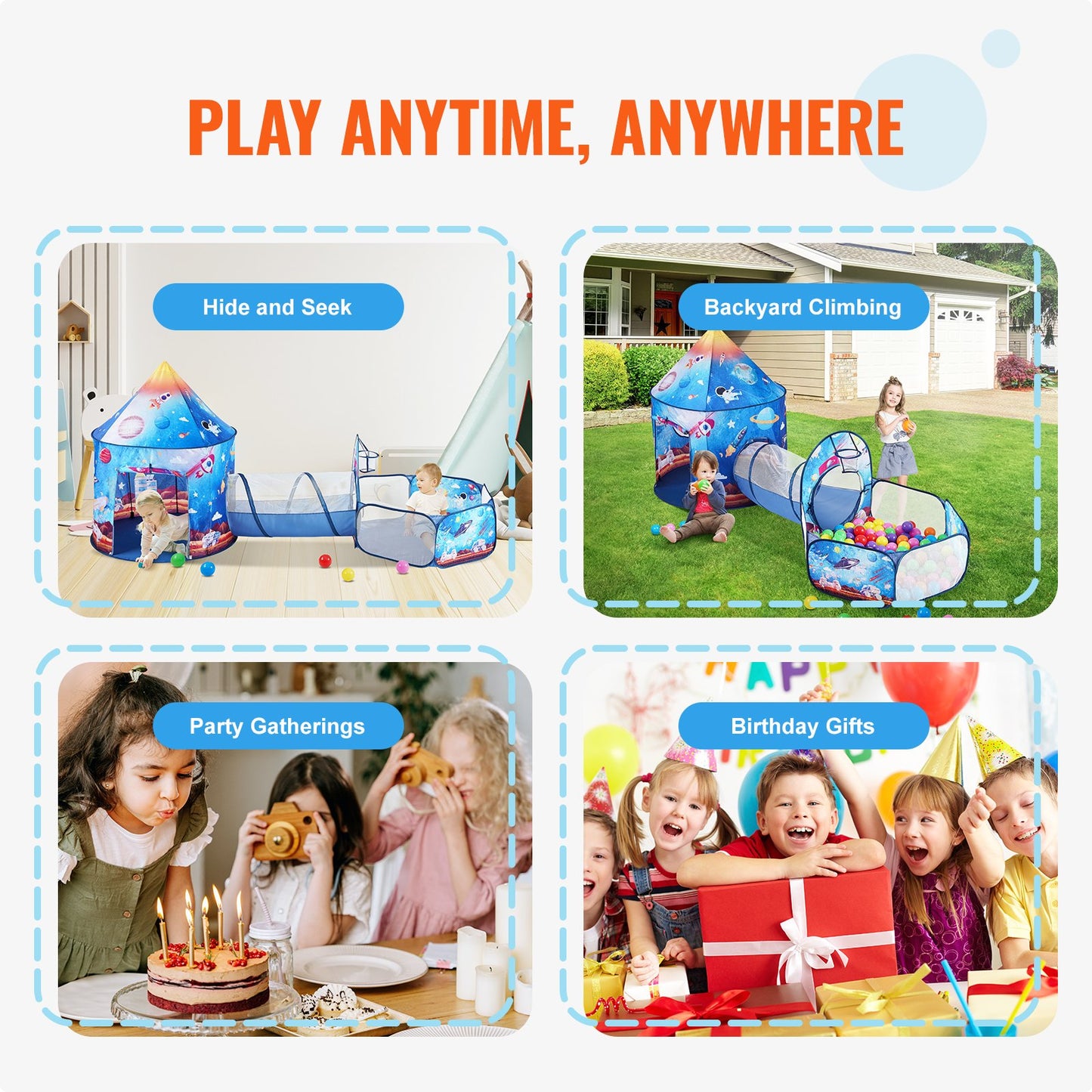Kids 3-in-1 Play Tent Tunnel Set Indoor Outdoor Pop Up Crawl Tent for Toddlers
