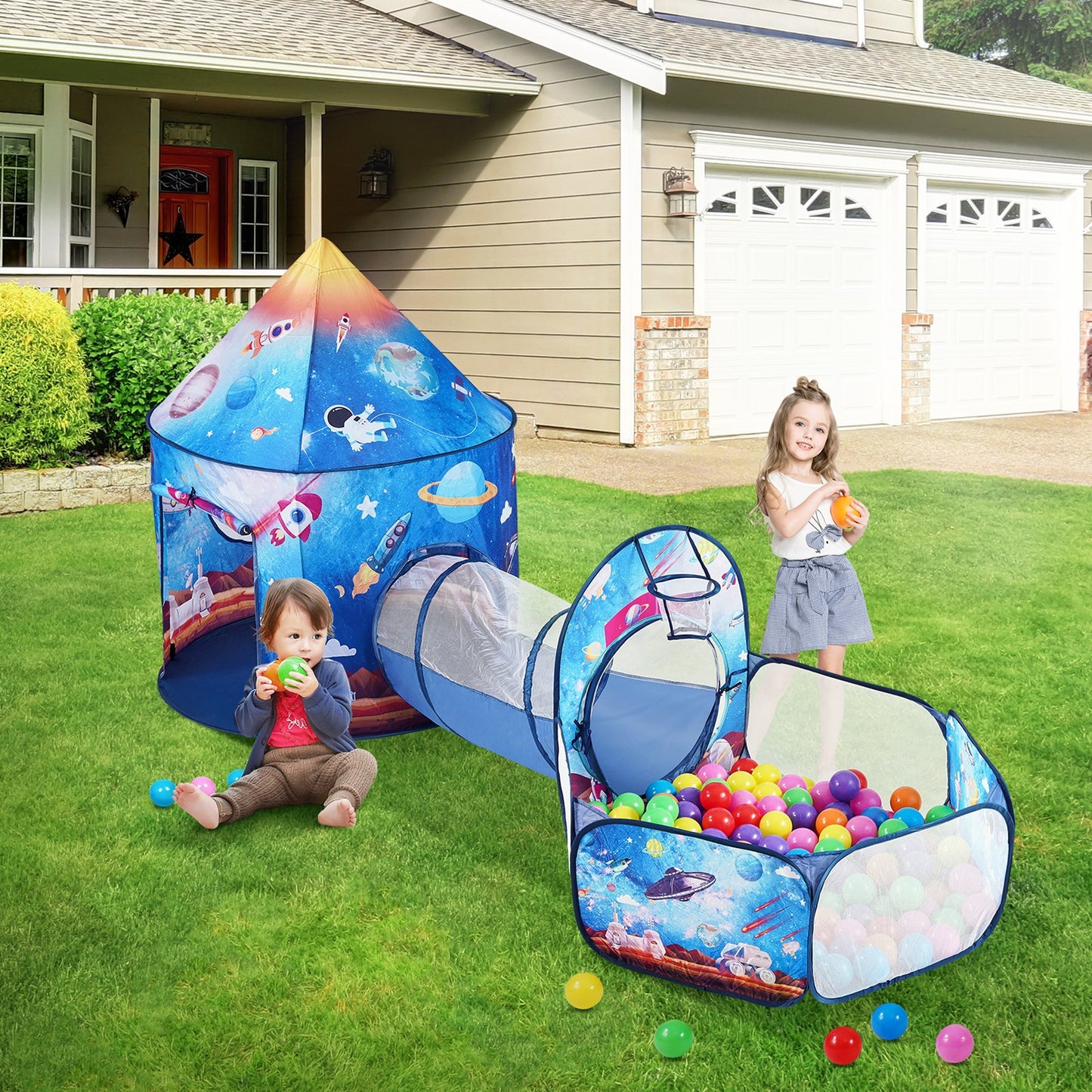 Kids 3-in-1 Play Tent Tunnel Set Indoor Outdoor Pop Up Crawl Tent for Toddlers