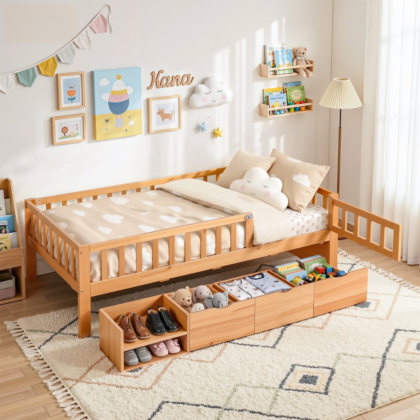 Artiss Montessori Single Bed Frame with Storage Drawers & Safety Rail for Toddlers