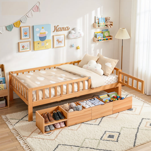 Artiss Montessori Single Bed Frame with Storage Drawers & Safety Rail for Toddlers