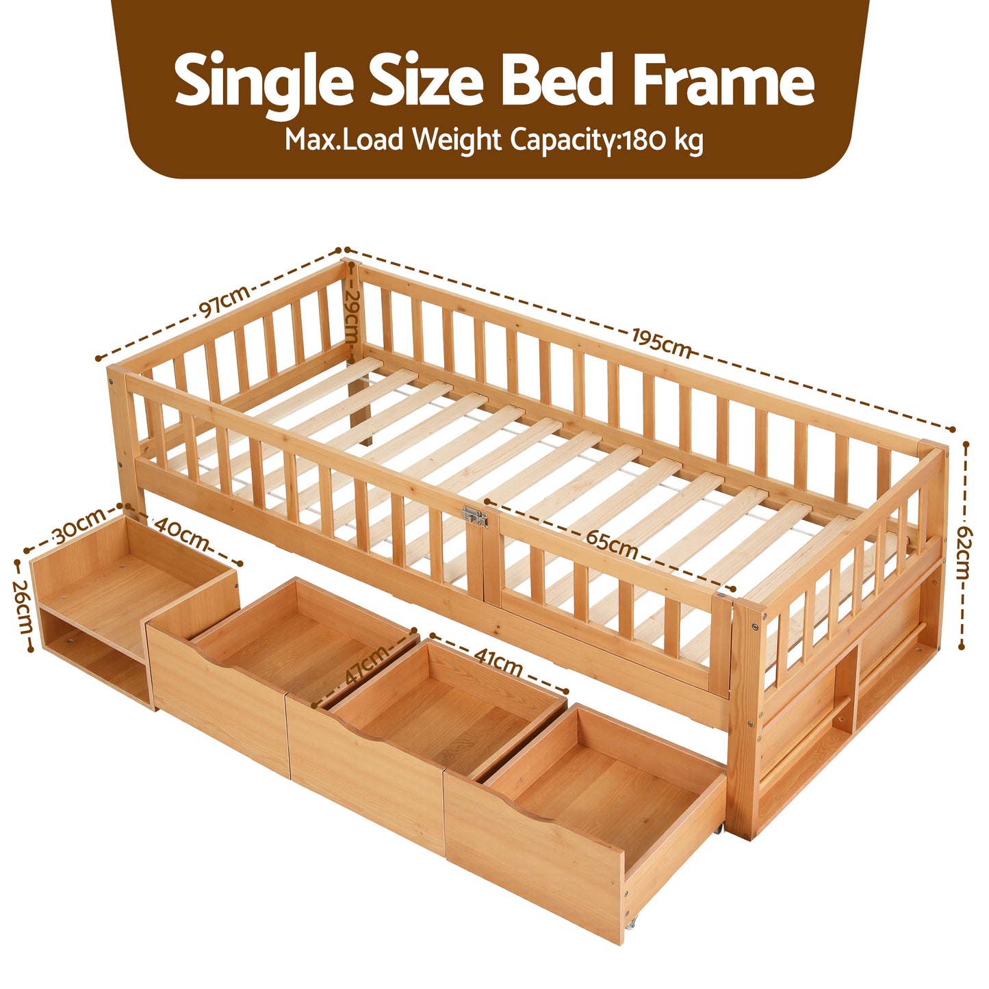 Artiss Montessori Single Bed Frame with Storage Drawers & Safety Rail for Toddlers