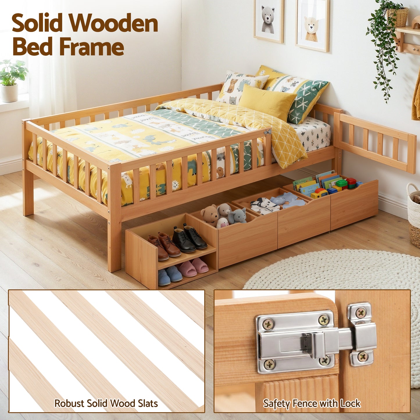 Artiss Montessori Single Bed Frame with Storage Drawers & Safety Rail for Toddlers