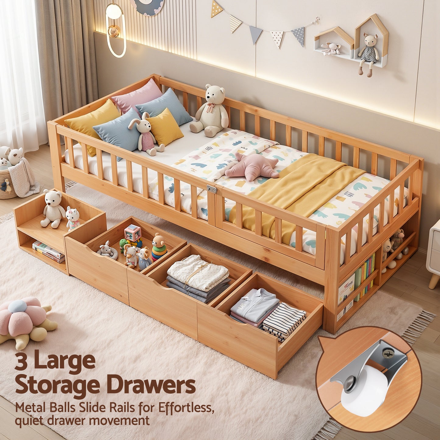 Artiss Montessori Single Bed Frame with Storage Drawers & Safety Rail for Toddlers