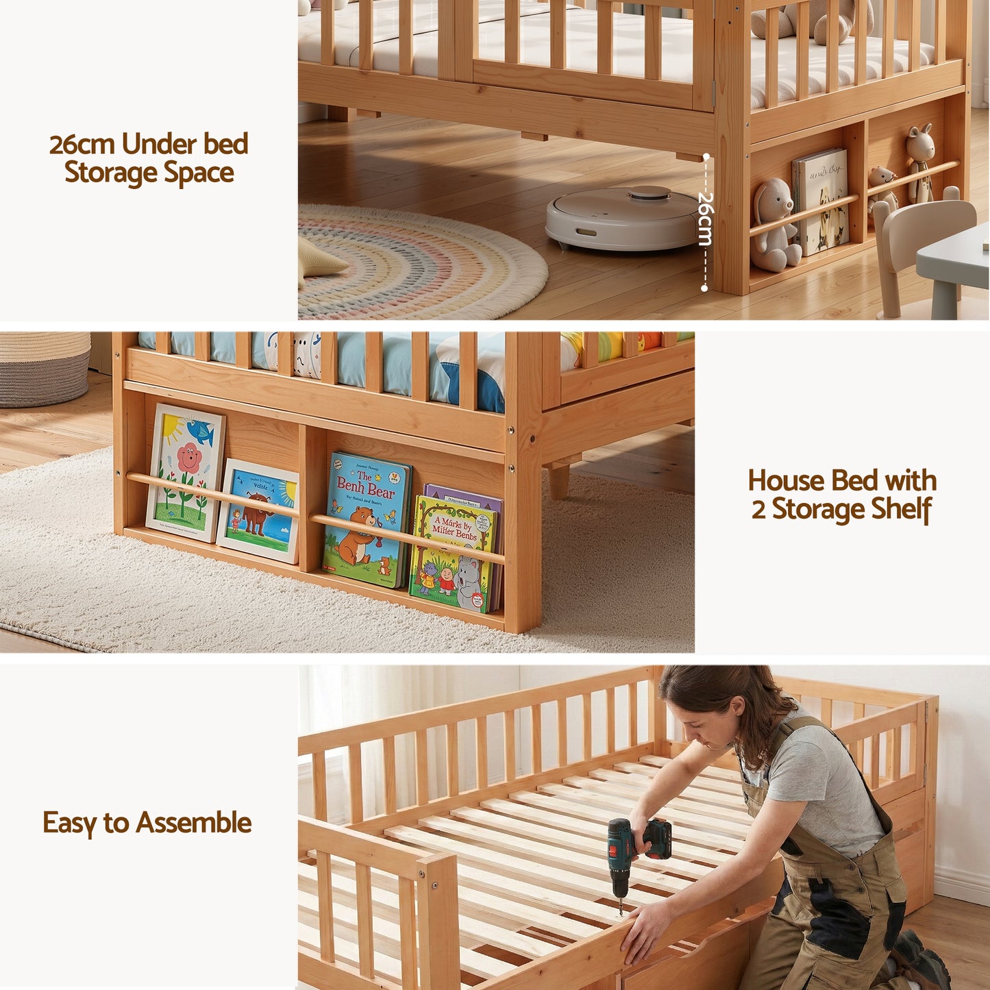 Artiss Montessori Single Bed Frame with Storage Drawers & Safety Rail for Toddlers