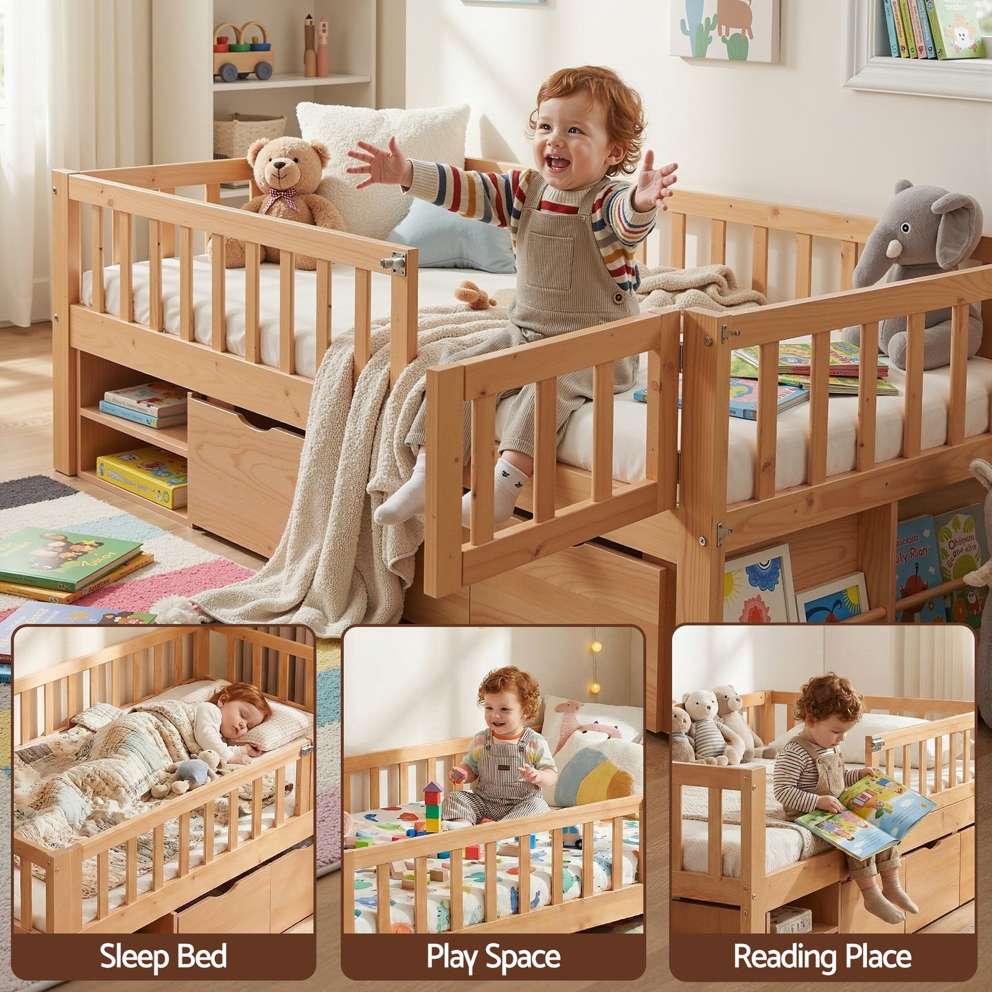 Artiss Montessori Single Bed Frame with Storage Drawers & Safety Rail for Toddlers