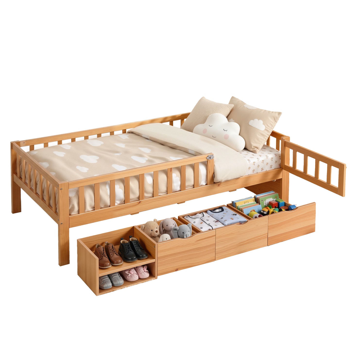 Artiss Montessori Single Bed Frame with Storage Drawers & Safety Rail for Toddlers