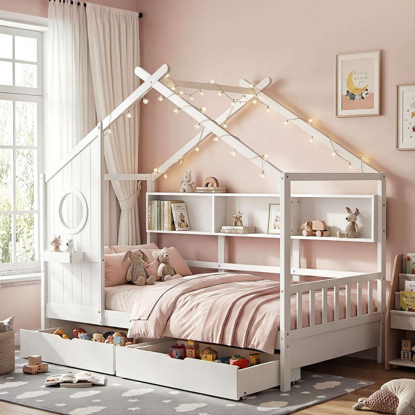 Artiss Montessori House Bed with Storage Drawers & Bookshelf – Kids Single Floor Bed Frame White