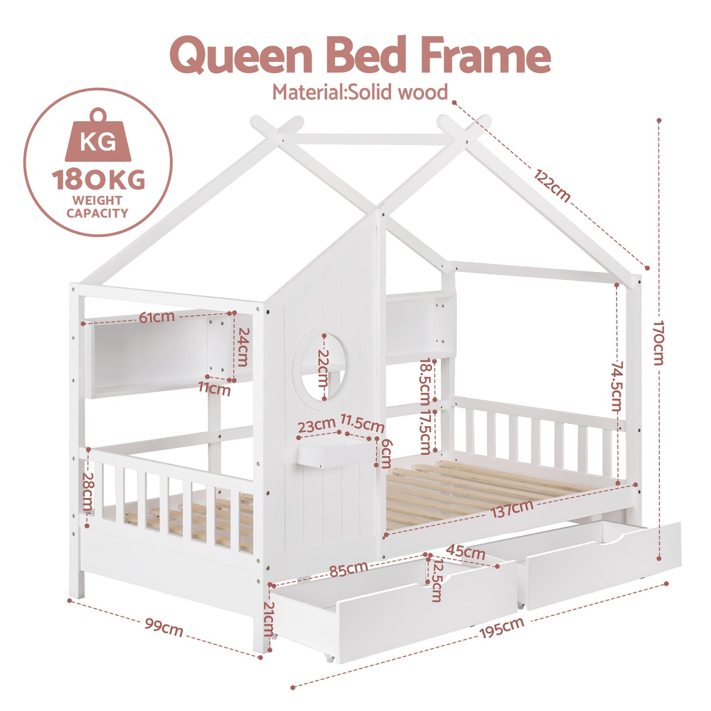 Artiss Montessori House Bed with Storage Drawers & Bookshelf – Kids Single Floor Bed Frame White