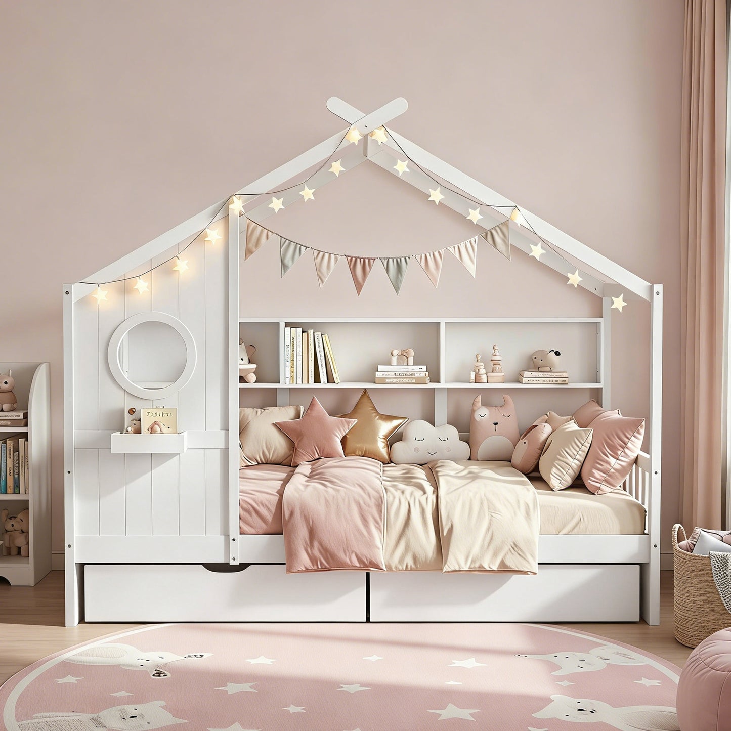 Artiss Montessori House Bed with Storage Drawers & Bookshelf – Kids Single Floor Bed Frame White